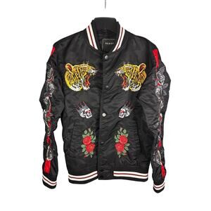 Reason Clothing tiger, rose, and snake embroidered bomber jacket Black SIze S
